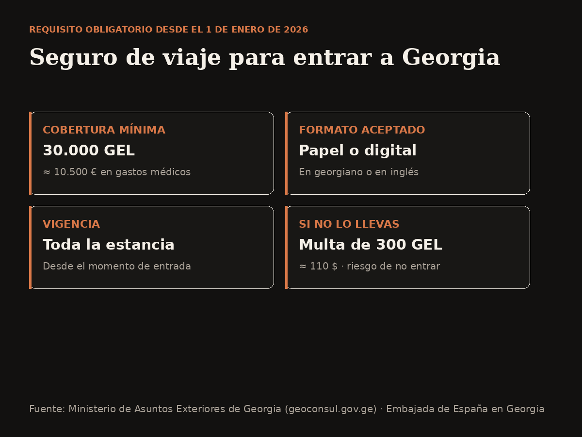 Ficha con los requisitos del seguro obligatorio para entrar a Georgia en 2026